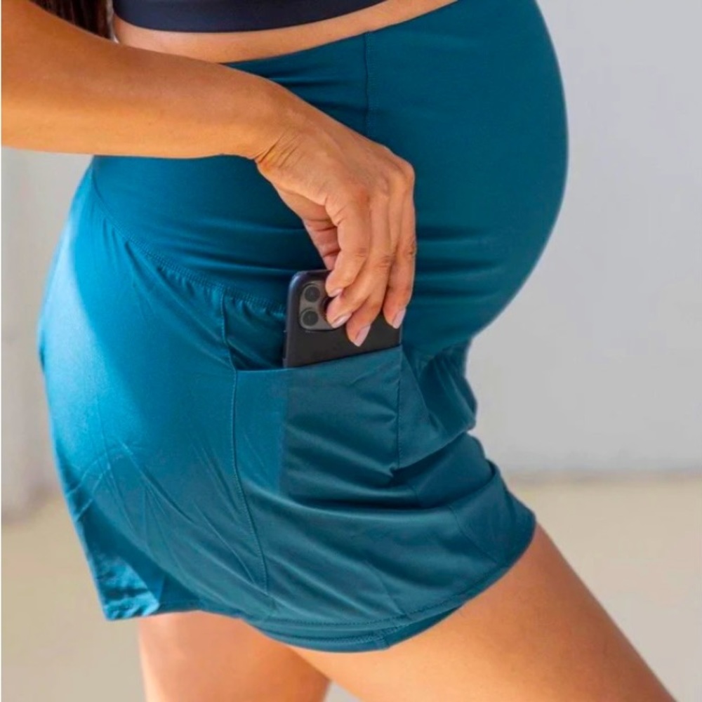 Senita Athletics pacific blue maternity shorts with pockets & belly support